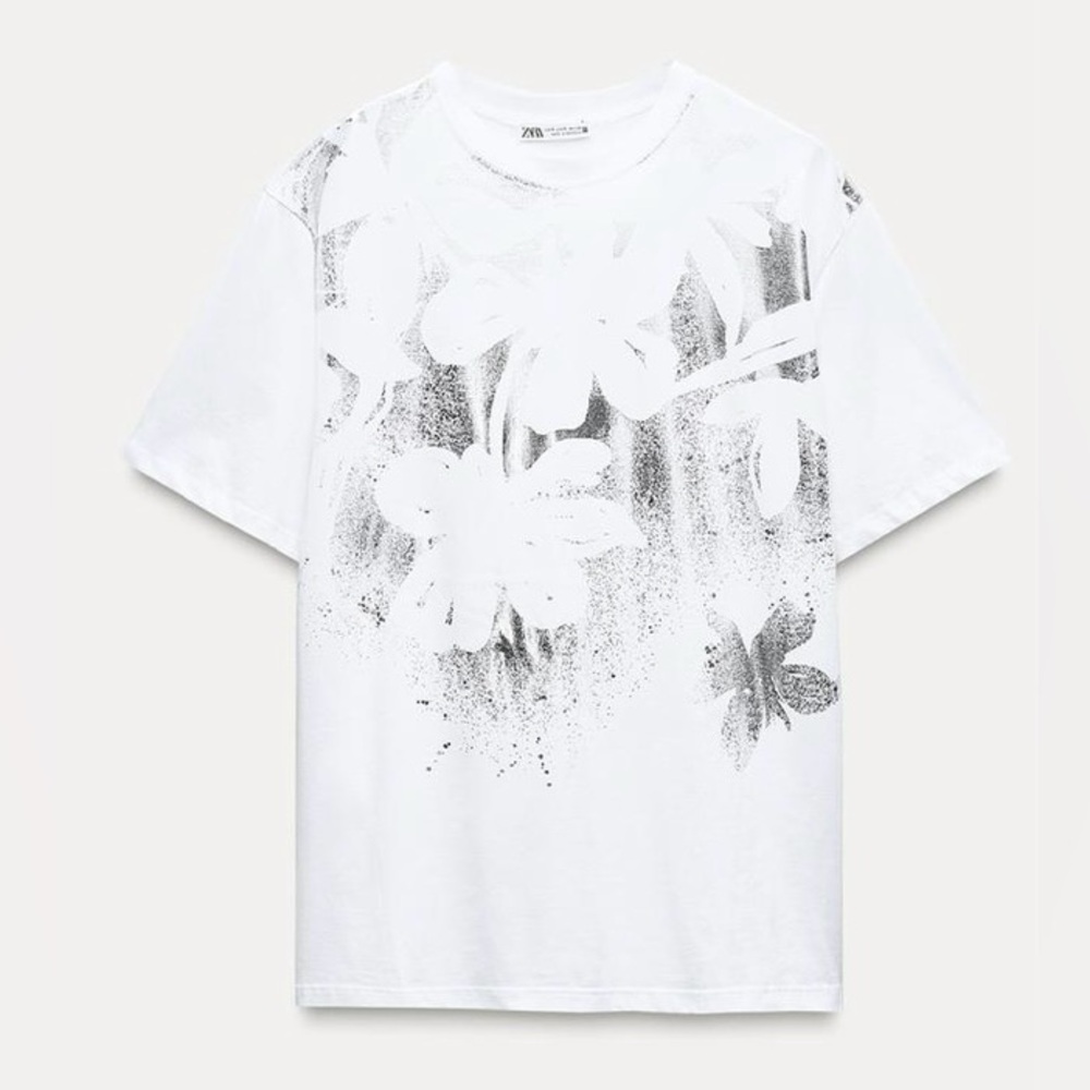 Zara Silver Metallic Floral Foil White T-shirt | Short Sleeves | XL | NWT - Picture 2 of 15